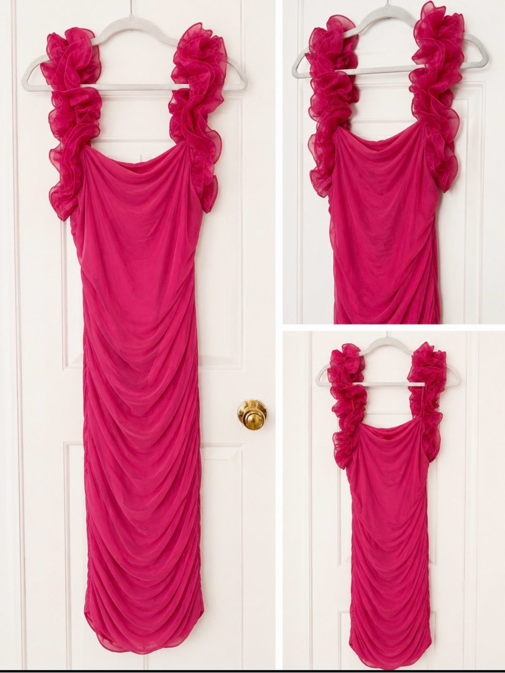 Fashion Nova Hot Pink Ruffled Strap Ruched Maxi Dress